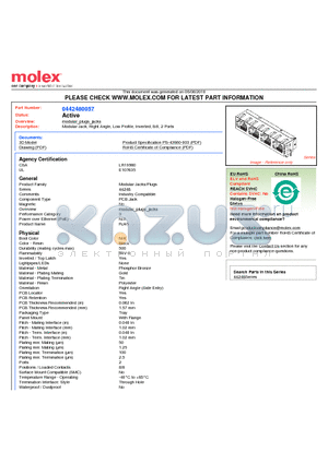 0442480057 datasheet - Modular Jack, Right Angle, Low Profile, Inverted, 8/8, 2 Ports