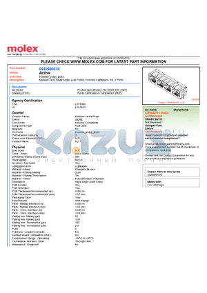 0442480018 datasheet - Modular Jack, Right Angle, Low Profile, Inverted, Lightpipes, 6/4, 2 Ports