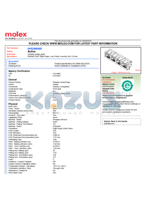 0442480085 datasheet - Modular Jack, Right Angle, Low Profile, Inverted, 8/8, 2 Ports