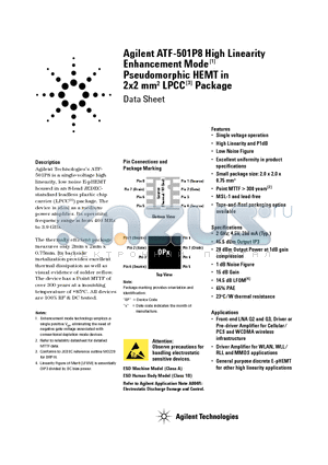 ATF-501P8-TR2 datasheet - Agilent ATF-501P8 High Linearity Enhancement Mode Pseudomorphic HEMT in 2x2 mm2 LPCC Package