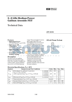 ATF-45101 datasheet - 2-8 GHz Medium Power Gallium Arsenide FET