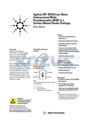 ATF-58143-TR1 datasheet - Low Noise Enhancement Mode Pseudomorphic HEMT in a Surface Mount Plastic Package