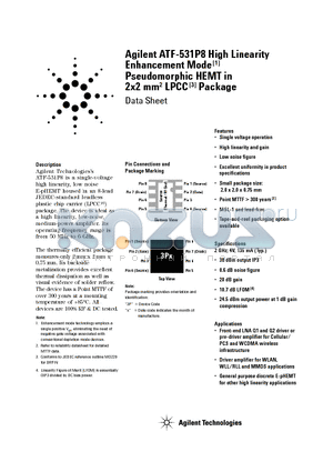 ATF-531P8 datasheet - High Linearity Enhancement Mode Pseudomorphic HEMT in 2x2 mm LPCC Package