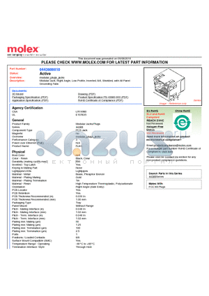 0443800010 datasheet - Modular Jack, Right Angle, Low Profile, Inverted, 8/8, Shielded