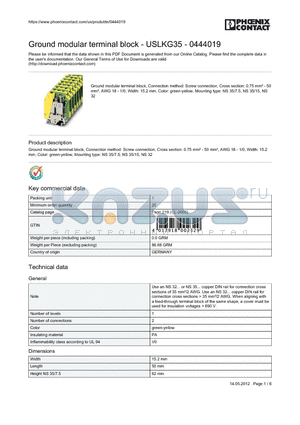 0444019 datasheet - Ground modular terminal block, Connection method: Screw connection, Cross section