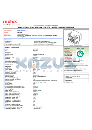 0443801012 datasheet - Modular Jack, Right Angle, Low Profile, Inverted, 6/4, Shielded, with All Panel Grounding Tabs