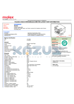 0443800004 datasheet - Modular Jack, Right Angle, Low Profile, Inverted, 8/8, Shielded, with All Panel Grounding Tabs