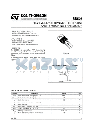 BU505 datasheet - HIGH VOLTAGE NPN MULTIEPITAXIAL FAST-SWITCHING TRANSISTOR