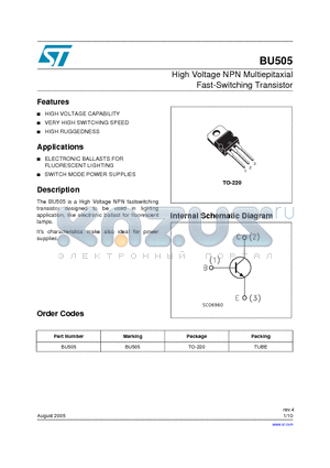 BU505 datasheet - High Voltage NPN Multiepitaxial Fast-Switching Transistor