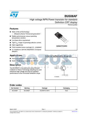 BU508AF datasheet - High voltage NPN Power transistor for standard Definition CRT display