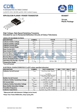 BU508AT datasheet - NPN SILICON PLANAR POWER TRANSISTOR