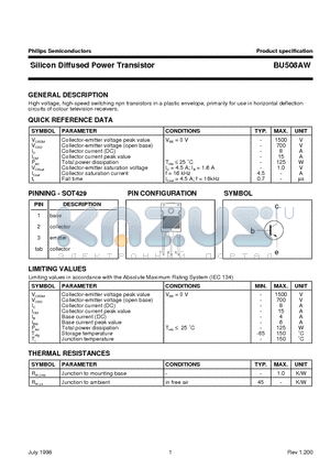 BU508AW datasheet - Silicon Diffused Power Transistor