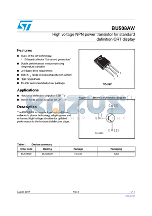 BU508AW datasheet - High voltage NPN power transistor for standard definition CRT display