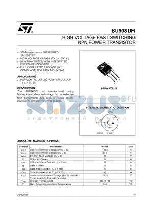 BU508DFI datasheet - HIGH VOLTAGE FAST-SWITCHING NPN POWER TRANSISTOR