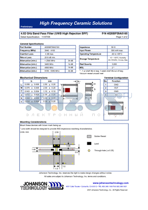 4020BP39A0160 datasheet - 4.02 GHz Band Pass Filter (UWB High Rejection BPF)