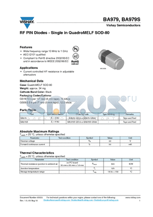 BA979S datasheet - RF PIN Diodes - Single in QuadroMELF SOD-80