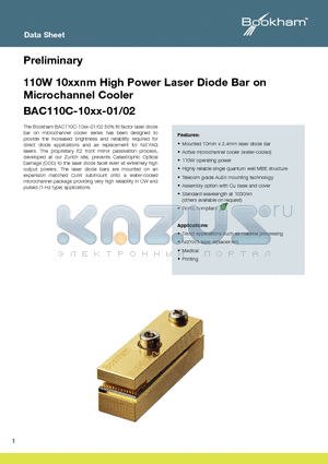 BAC110C-1030-01 datasheet - 110W 10xxnm High Power Laser Diode Bar on Microchannel Cooler
