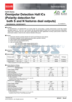 BU52014HFV datasheet - Omnipolar Detection Hall ICs (Polarity detection for both S and N features dual outputs)