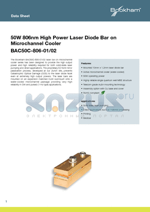 BAC50C-806-01 datasheet - 50W 806nm High Power Laser Diode Bar on Microchannel Cooler