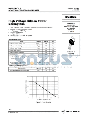 BU522B datasheet - 7 AMPERES DARLINGTON POWER TRANSISTORS NPN SILICON 450 VOLTS 75 WATTS