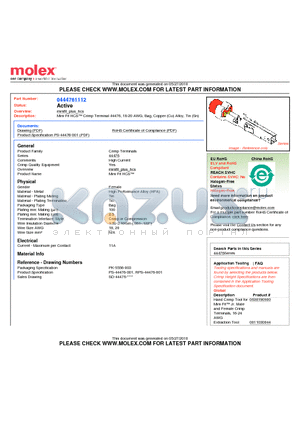 0444761112 datasheet - Mini-Fit HCS Crimp Terminal 44476, 18-20 AWG, Bag, Copper (Cu) Alloy, Tin (Sn)