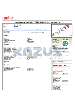 0444781111 datasheet - Mini-Fit HCS Crimp Terminal, 18-20 AWG, Reel, Copper (Cu) Alloy, Tin (Sn)