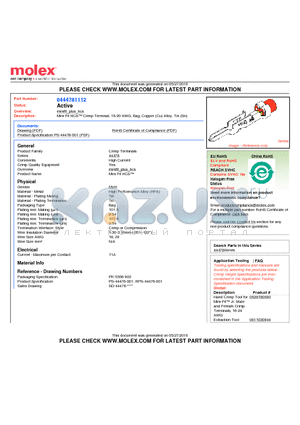 0444781112 datasheet - Mini-Fit HCS Crimp Terminal, 18-20 AWG, Bag, Copper (Cu) Alloy, Tin (Sn)