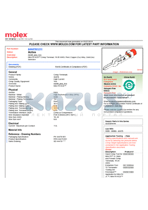 0444781211 datasheet - Mini-Fit HCS Crimp Terminal, 18-20 AWG, Reel, Copper (Cu) Alloy, Gold (Au) Selective