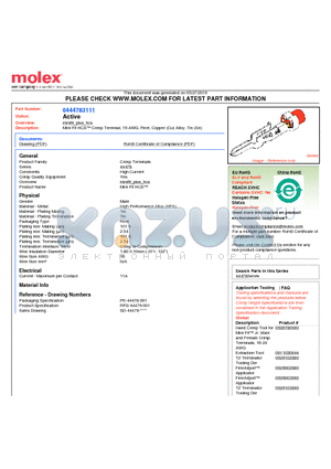 0444783111 datasheet - Mini-Fit HCS Crimp Terminal, 16 AWG, Reel, Copper (Cu) Alloy, Tin (Sn)