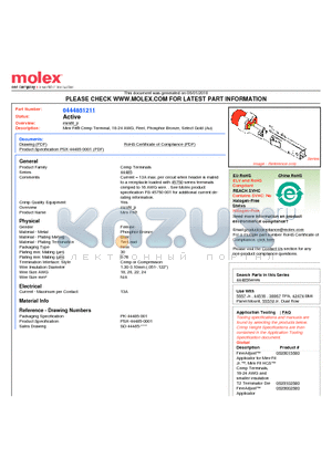 0444851211 datasheet - Mini-Fit^ Crimp Terminal, 18-24 AWG, Reel, Phosphor Bronze, Select Gold (Au)