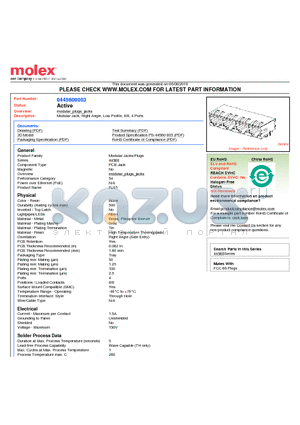 0445600003 datasheet - ular Jack, Right Angle, Low Profile, 8/8, 4 Ports