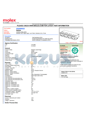 0445600022 datasheet - Modular Jack, Right Angle, Low Profile, Shielded, 8/8, 2 Ports