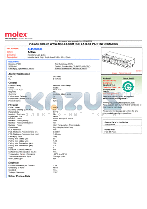 0445600004 datasheet - Modular Jack, Right Angle, Low Profile, 8/8, 4 Ports