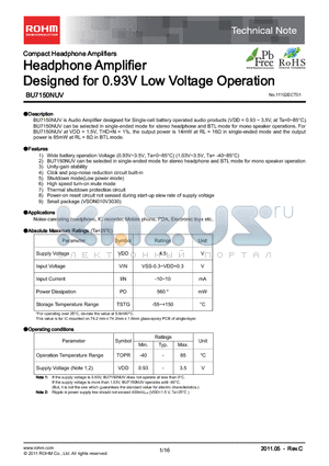 BU7150NUV datasheet - Headphone Amplifier Designed for 0.93V Low Voltage Operation