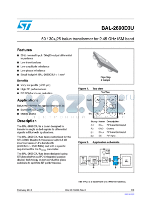 BAL-2690D3U datasheet - 50 / 30j25 balun transformer for 2.45 GHz ISM band