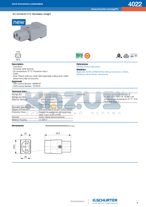 4022 datasheet - IEC Connector C13, Rewireable, Straight