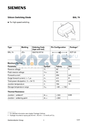 BAL74 datasheet - Silicon Switching Diode