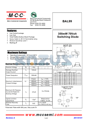 BAL99 datasheet - 350mW 70Volt Switching Diode