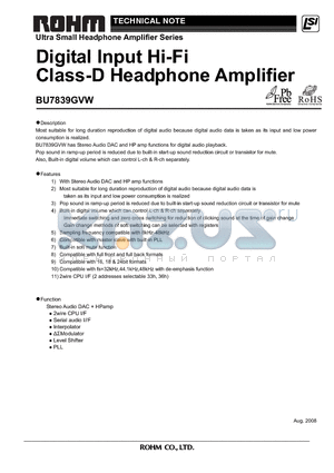 BU7839GVW datasheet - Digital Input Hi-Fi Class-D Headphone Amplifier