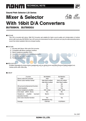 BU7858KN-E2 datasheet - Mixer & Selector With 16bit D/A Converters