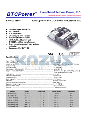 BAO100 datasheet - 100W Open Frame AC-DC Power Modules with PFC