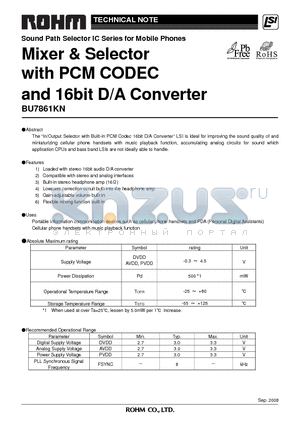 BU7861KN-E2 datasheet - Mixer & Selector with PCM CODEC and 16bit D/A Converter