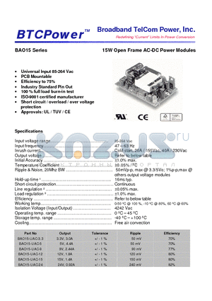 BAO15-UAC-12 datasheet - 15W Open Frame AC-DC Power Modules