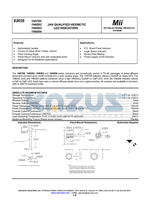 1N5765 datasheet - JAN QUALIFIED HERMETIC LED INDICATORS