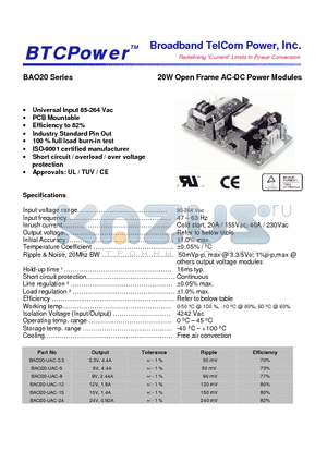 BAO20 datasheet - 20W Open Frame AC-DC Power Modules