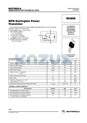 BU806 datasheet - 8.0 AMPERE DARLINGTON NPN POWER TRANSISTORS 60 WATTS 200 VOLTS