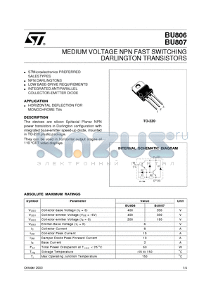 BU806 datasheet - MEDIUM VOLTAGE NPN FAST SWITCHING DARLINGTON TRANSISTORS