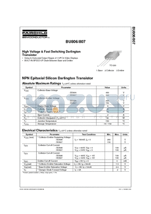 BU806 datasheet - High Voltage & Fast Switching Darlington Transistor