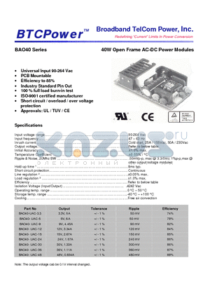 BAO40-UAC-5 datasheet - 40W Open Frame AC-DC Power Modules