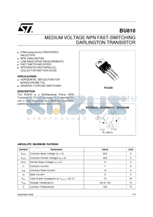 BU810 datasheet - MEDIUM VOLTAGE NPN FAST-SWITCHING DARLINGTON TRANSISTOR